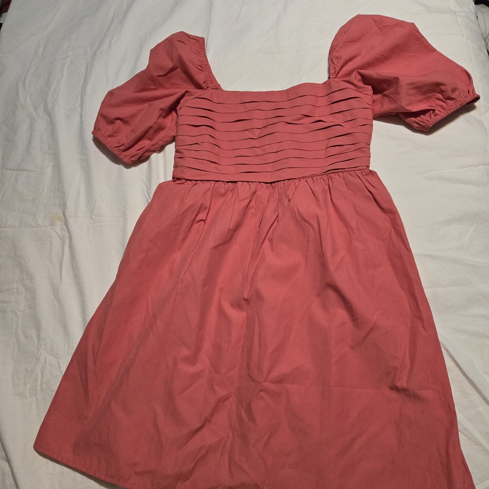 Altar'd State Coral Pink Puff-Sleeve Pleated Bodice Dress